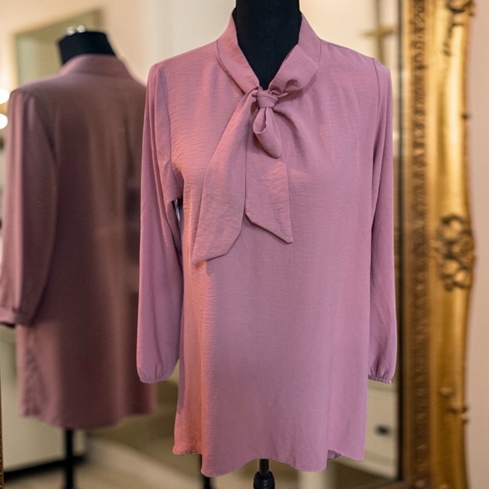 GULINS PINK TUNIC BLOUSE FORMAL HIGH LOW STYLE TIE NECK BOW DRESSY OFFICE SZ M